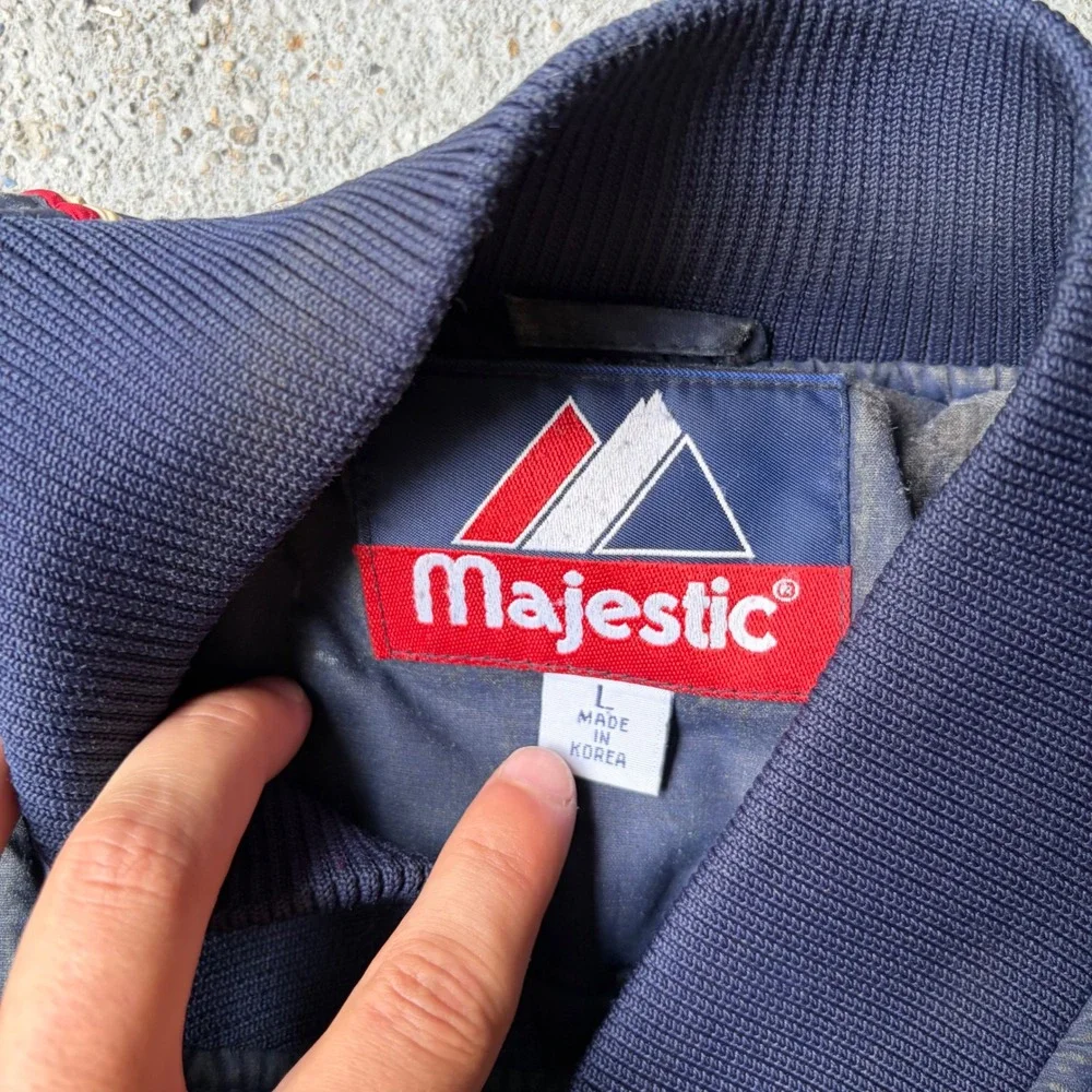 Vintage Majestic New England Patriots Bomber Jacket Navy Blue Distressed Mens L